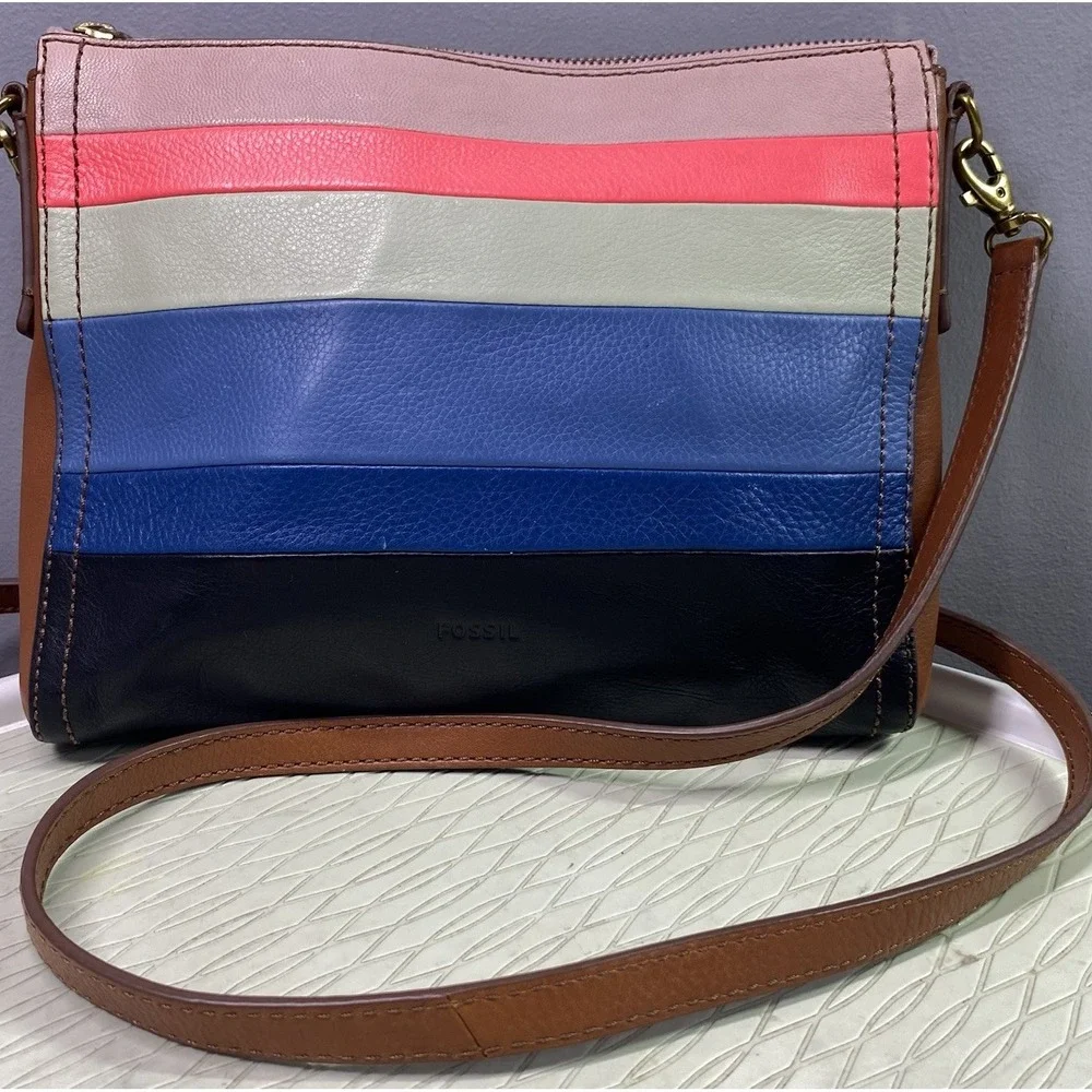 Fossil Striped Leather Top-Zip Women's Crossbody‎ Bag Blue/Black/Orange 8x9.5x1